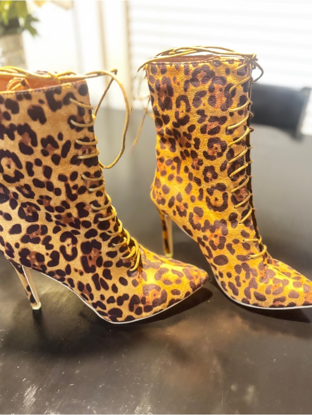 Leopard Print Lace-Up Stiletto Ankle Boots - Brown